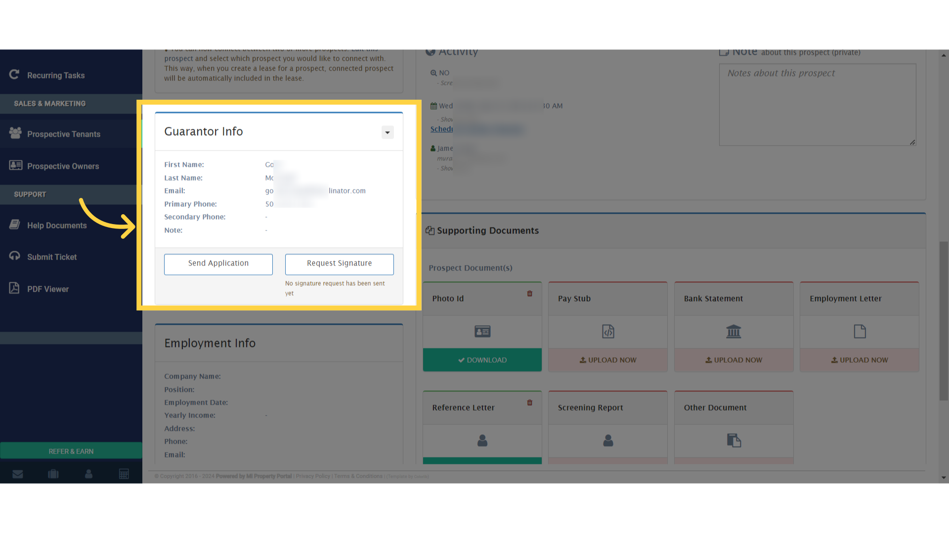 Return to the Guarantor Info section and select 'Send Application'