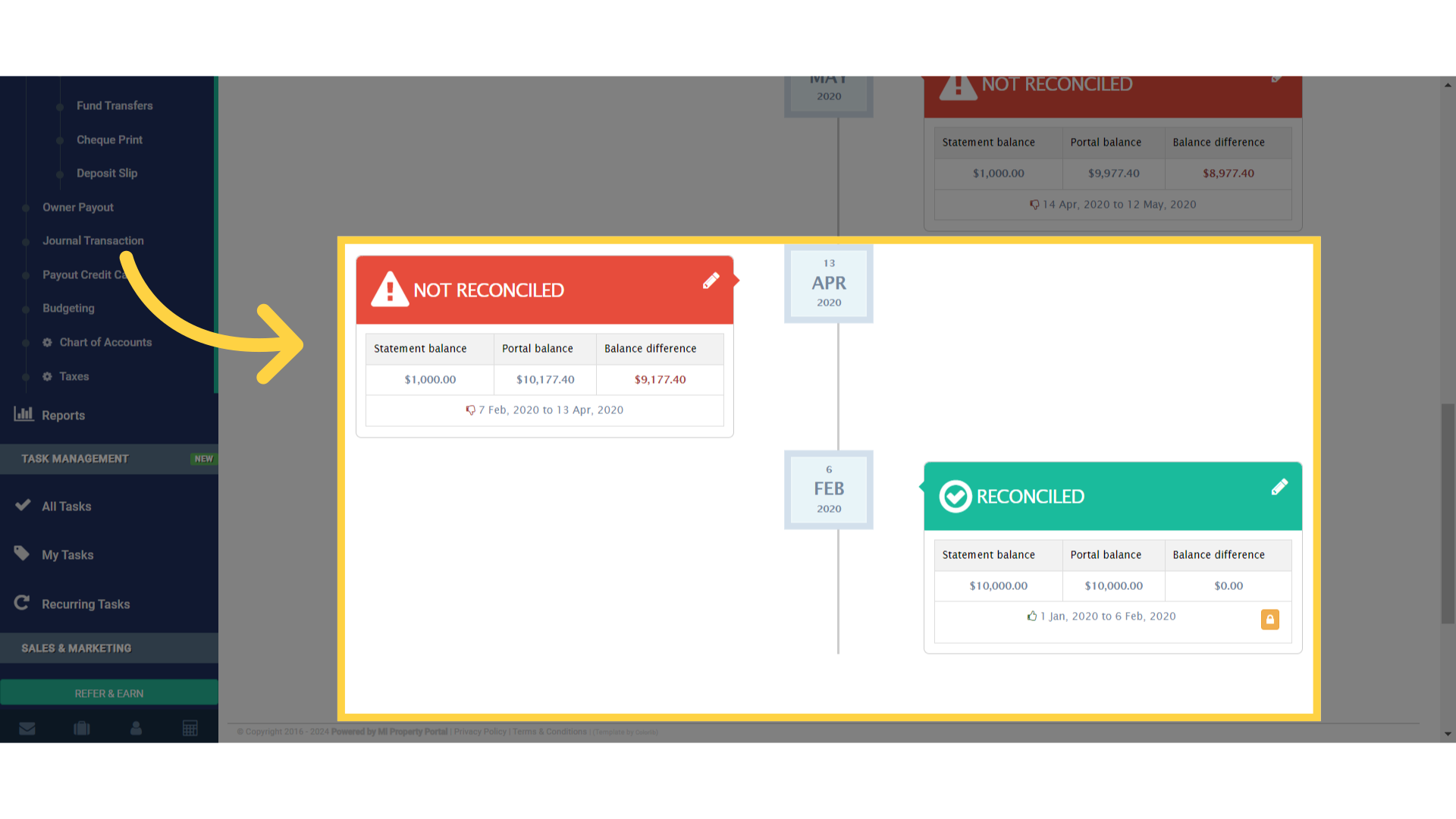 If a period is reconciled, the header will show as GREEN. If it is not reconciled, the header will be RED.
