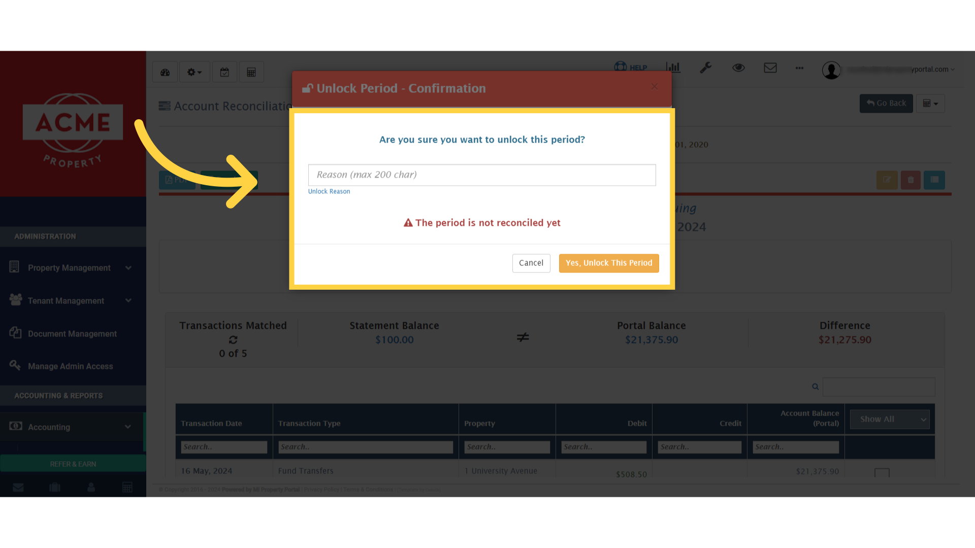 Confirm by clicking 'Yes, Unlock This Period.'