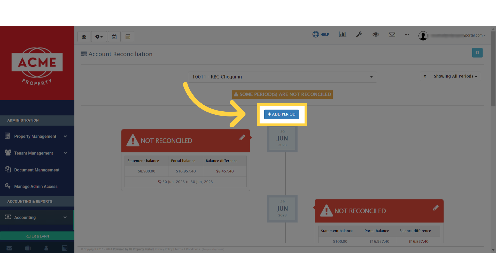 Click on 'ADD PERIOD' to add an accounting transaction for that period