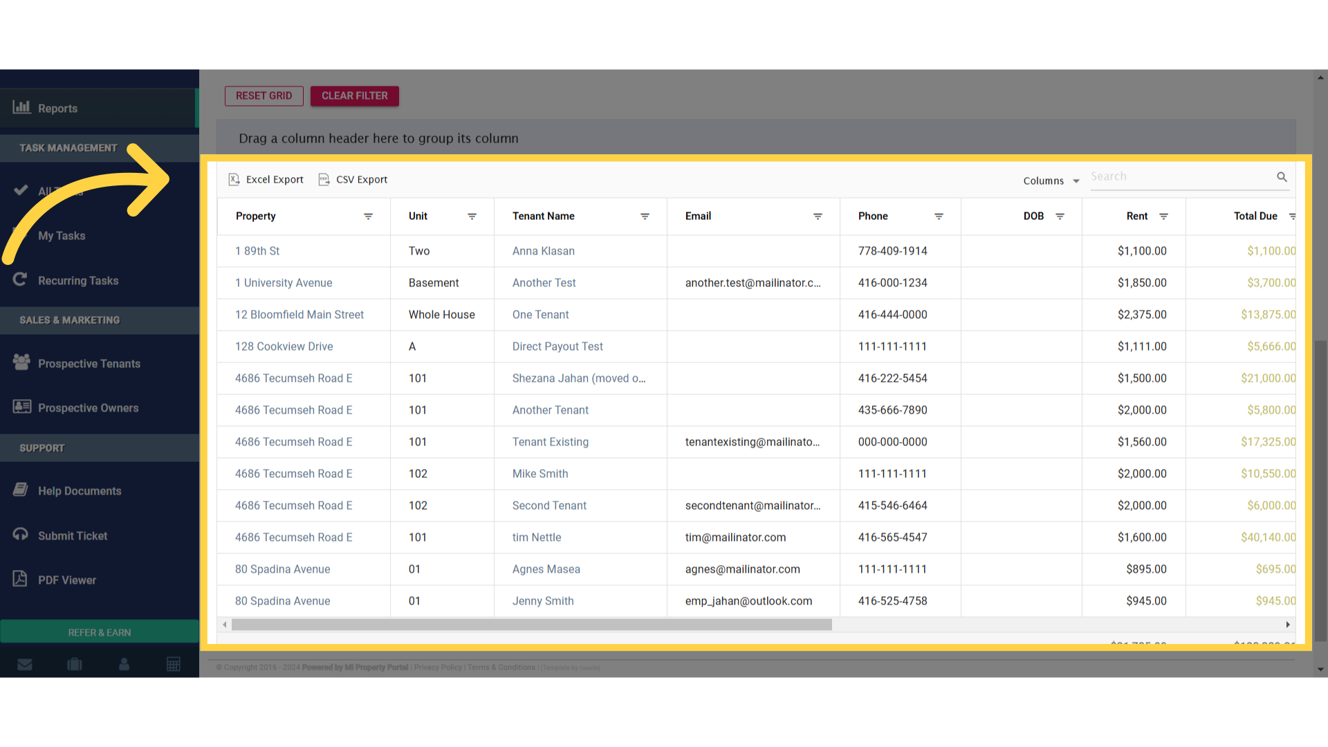 Click 'Excel ExportCSV ExportColumns'