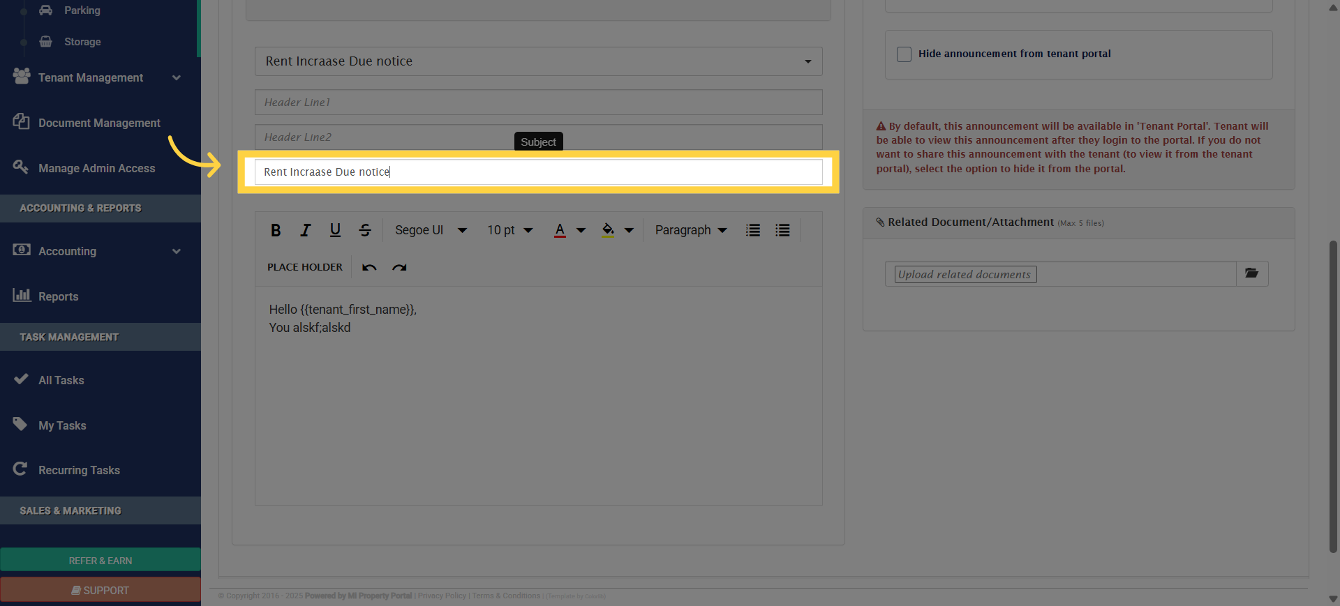 Click 'Rent Incraase Due notice'