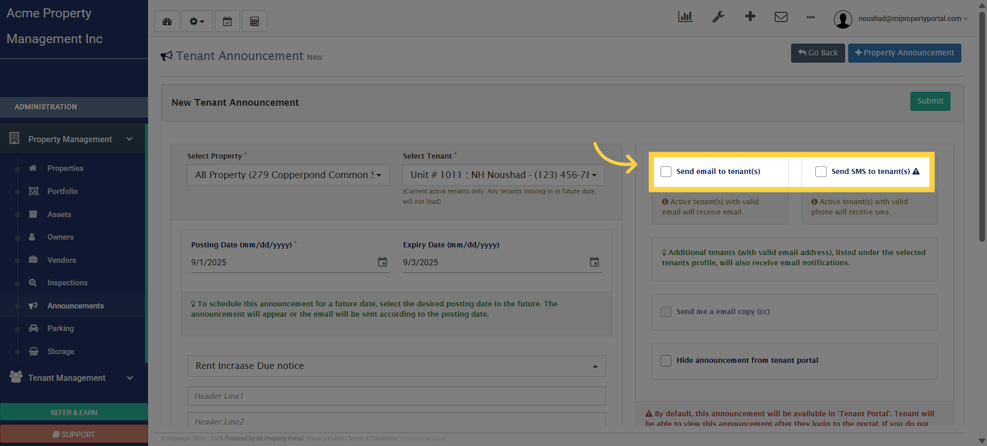 Click 'Send email to tenant(s)'