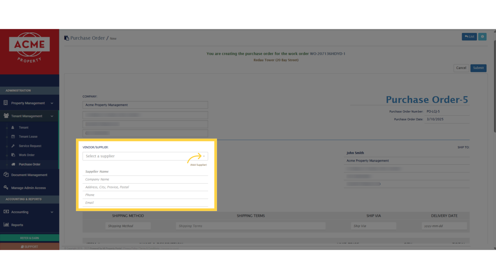 Select a vendor or supplier from the dropdown