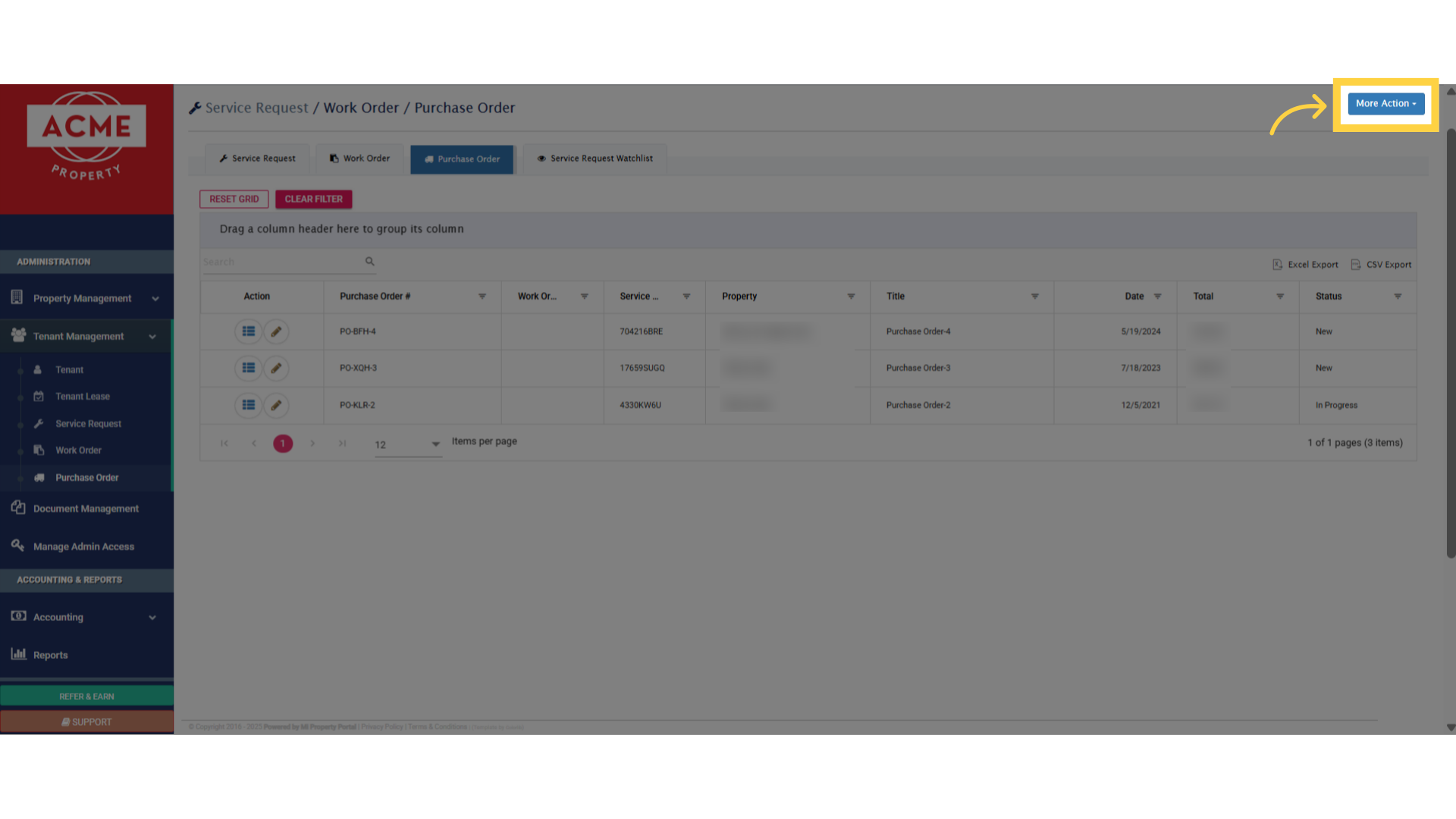Click on 'More Action' dropdown 