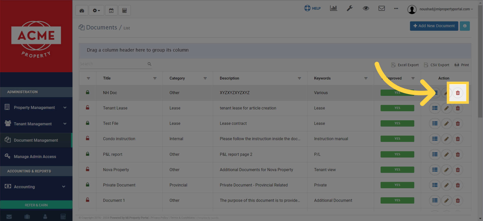 To remove a document, select the document and click on the 'Delete'