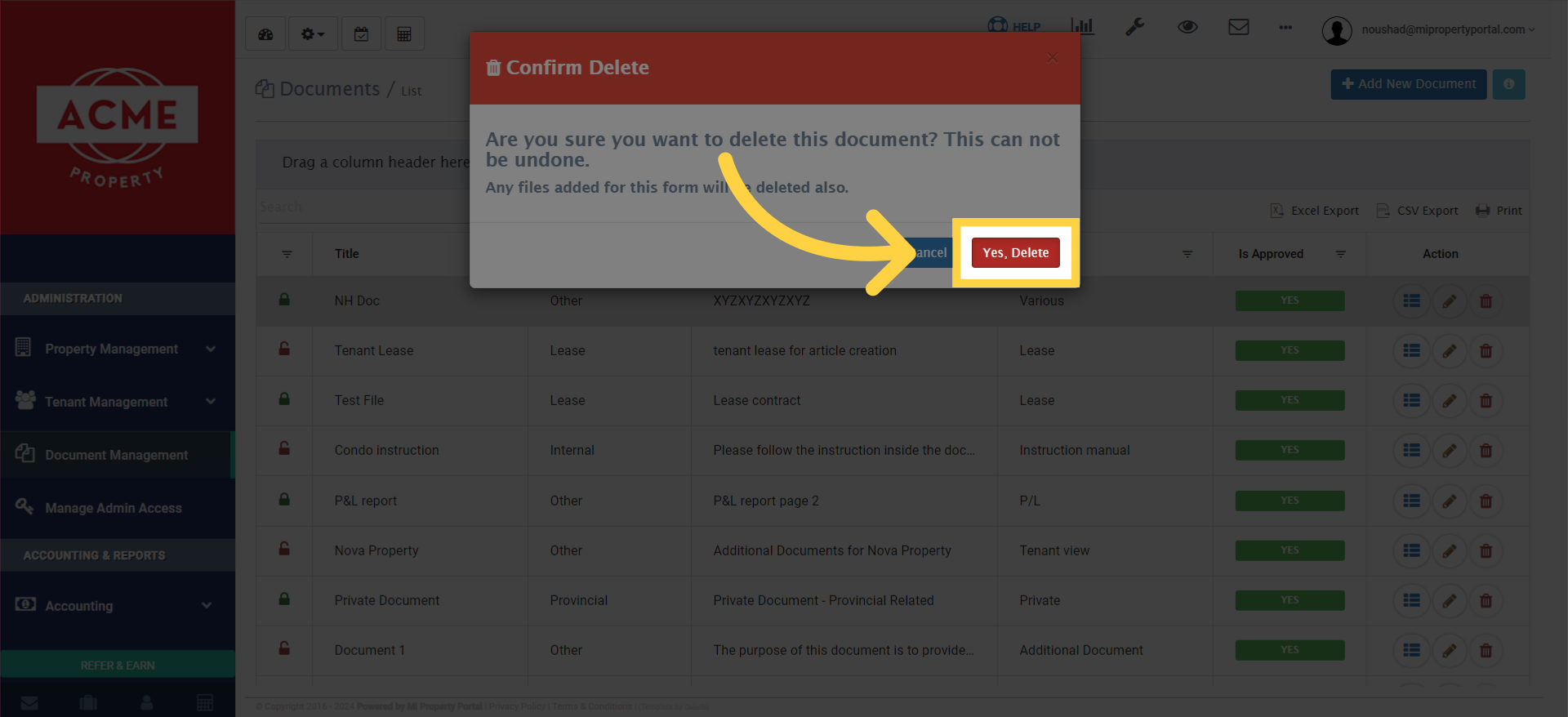 Confirm by clicking on 'Yes, Delete'.
