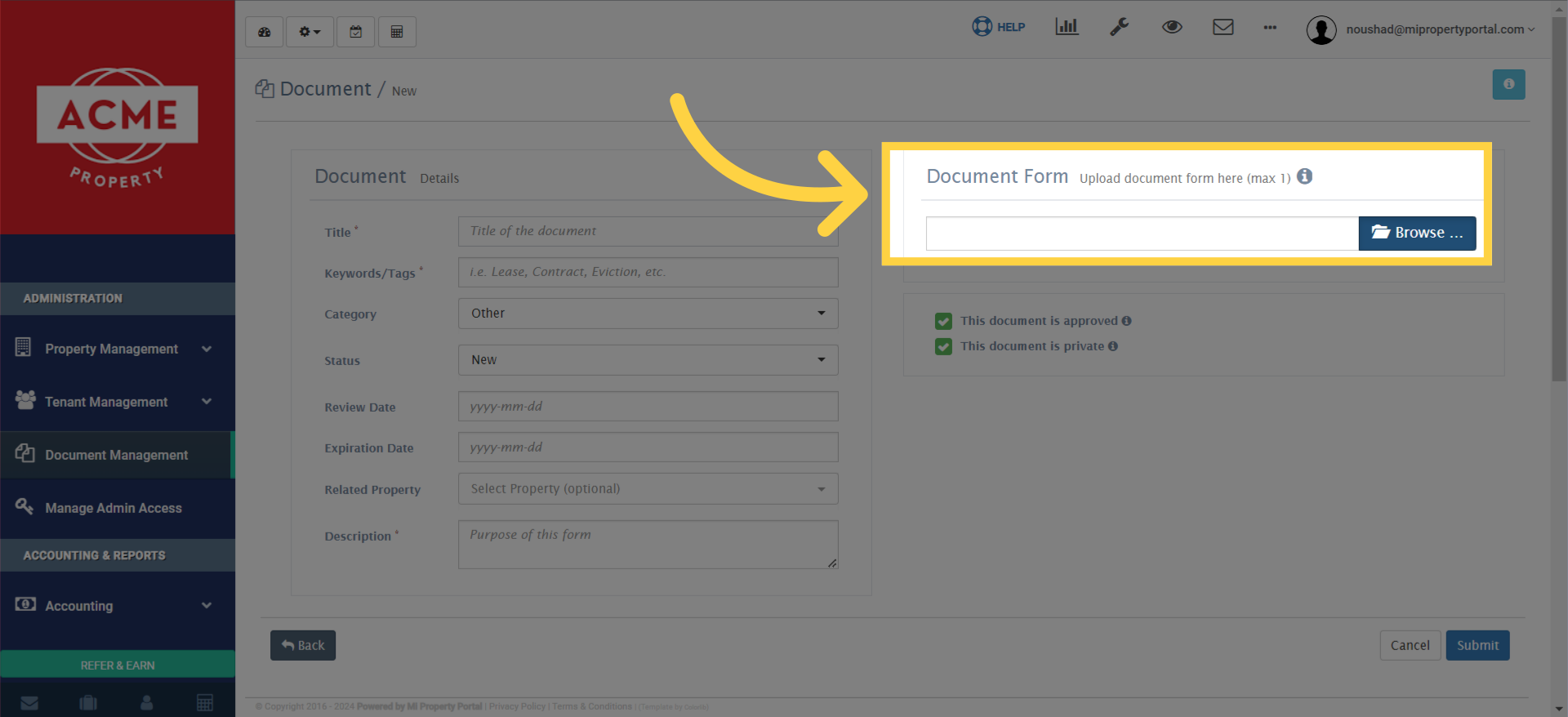 Click on 'Browse' under 'Document Form' to select the document file.