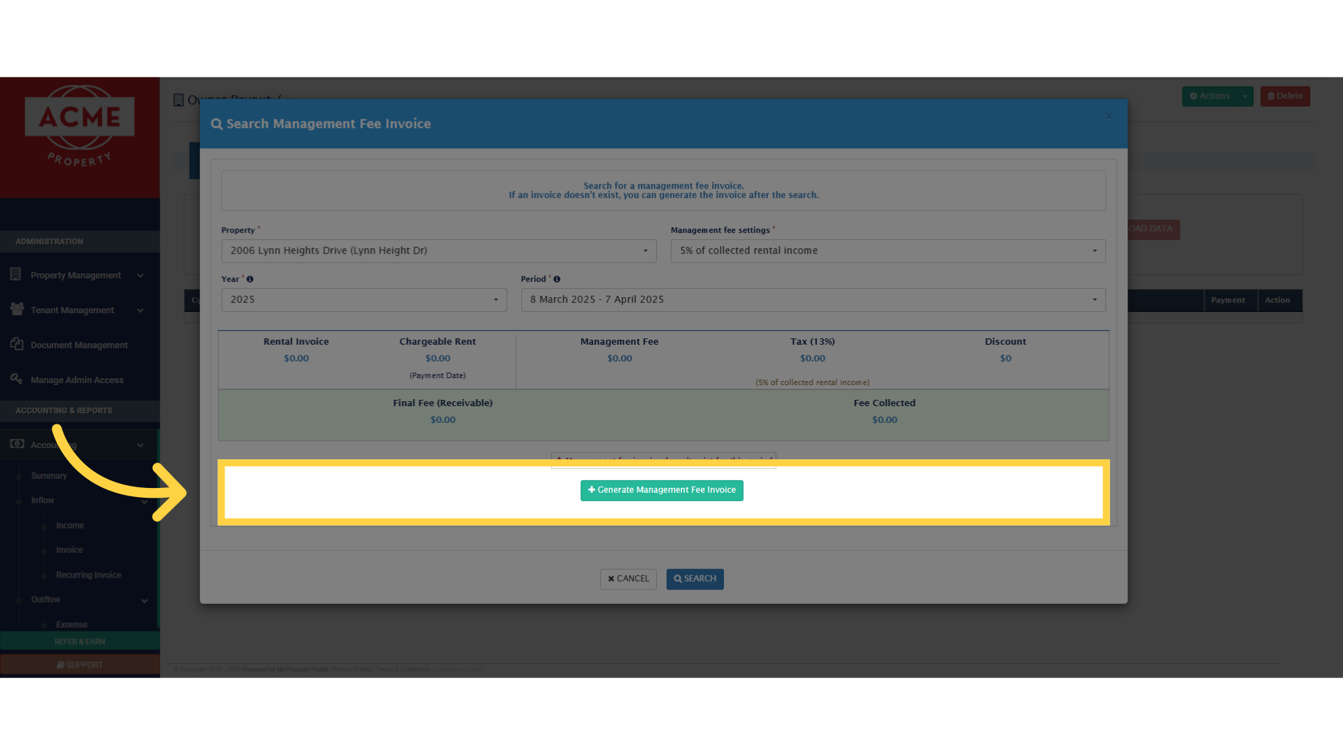 Click 'Generate Management Fee Invoice'