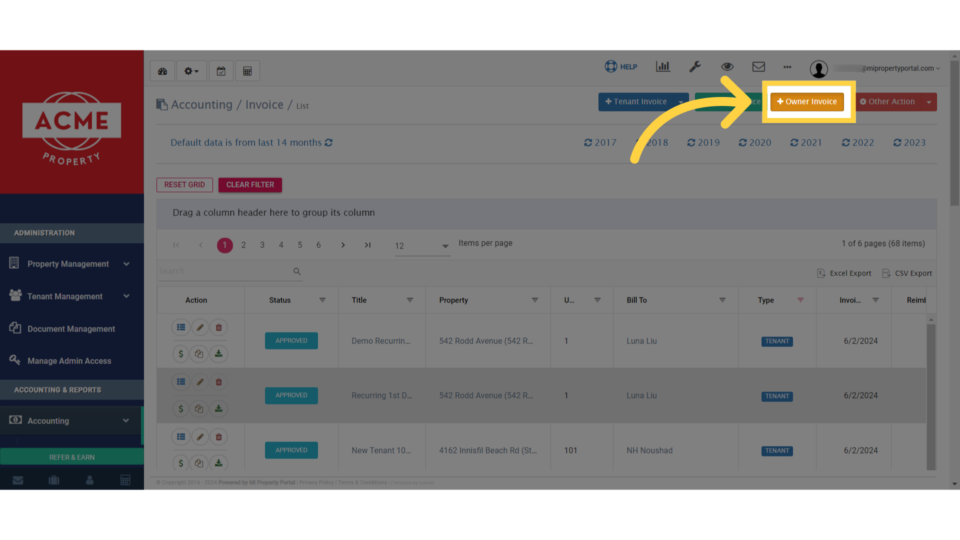Click 'Owner Invoice'