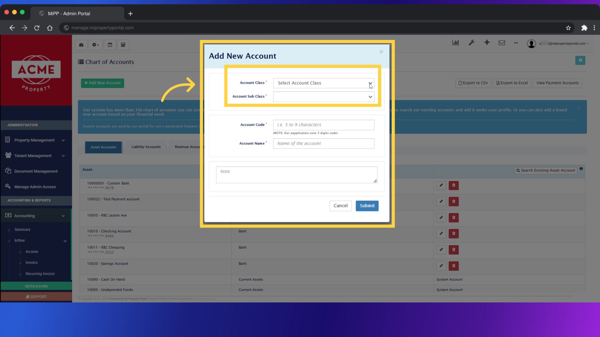Fill 'Select Account Class ASSET LIABILITY REVENUE EXPENSE EQUITY'