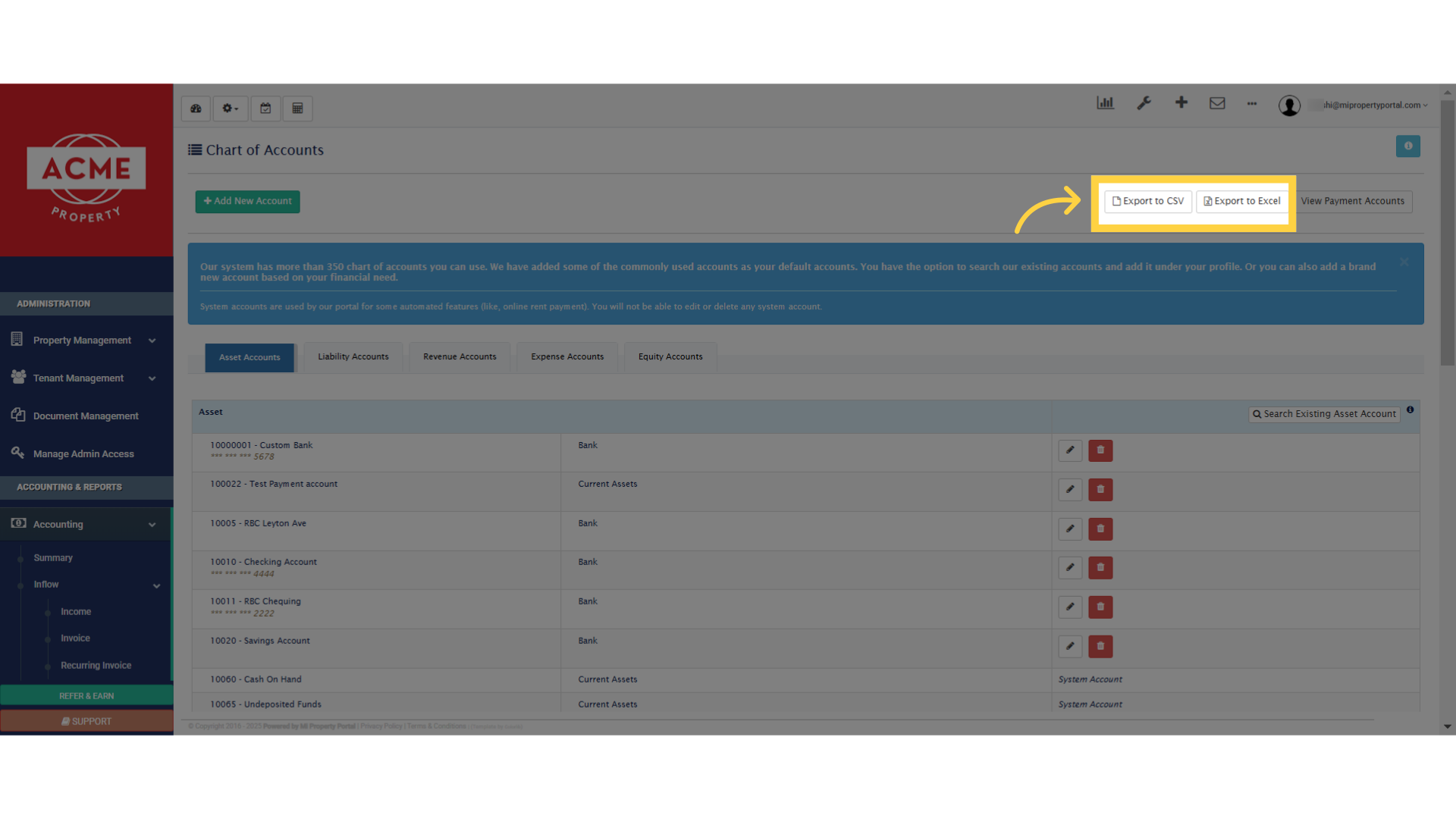 Click 'Add New Account View Payment Accounts Export to Excel Export to CSV...'