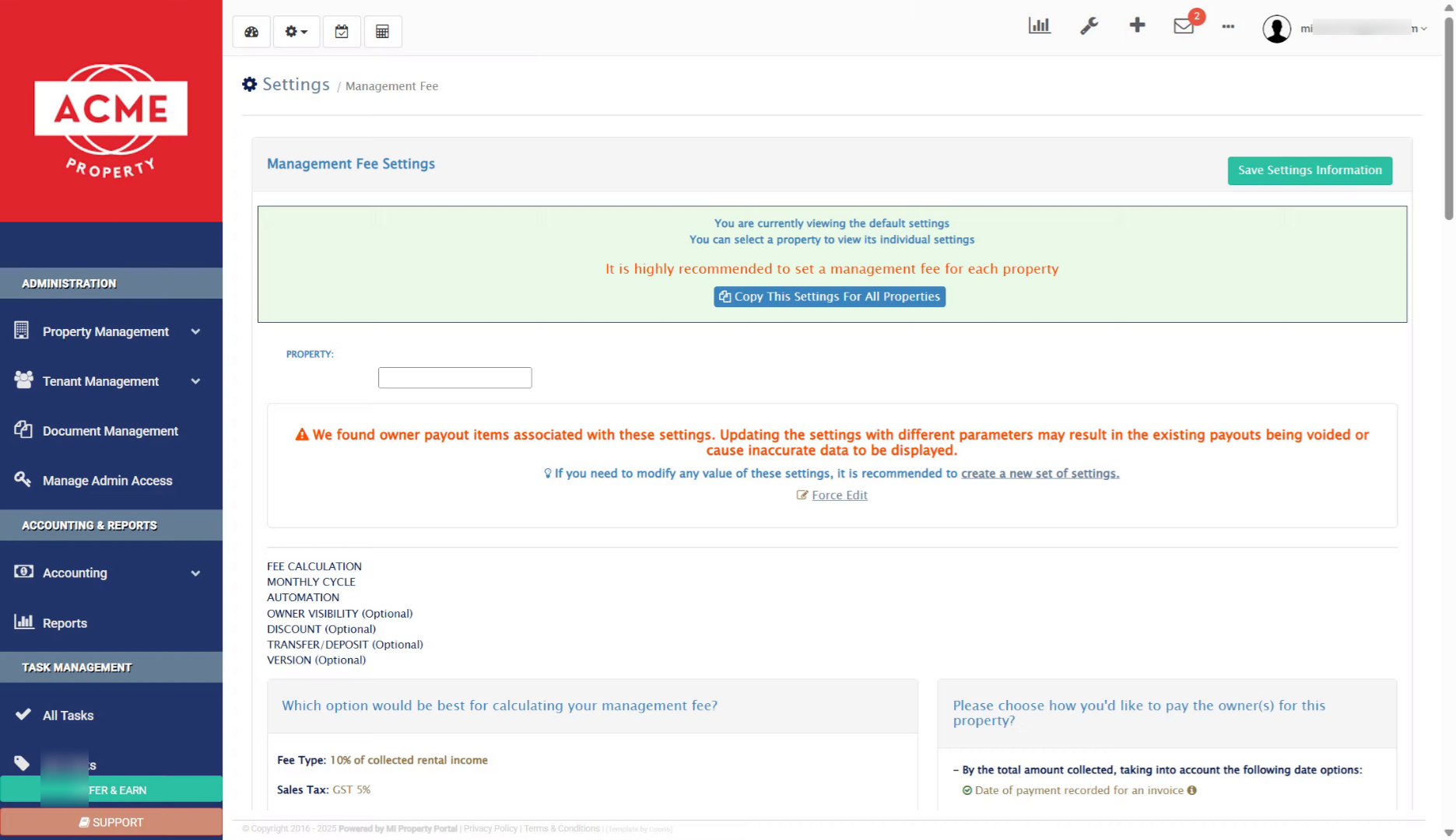 Select Property for Settings