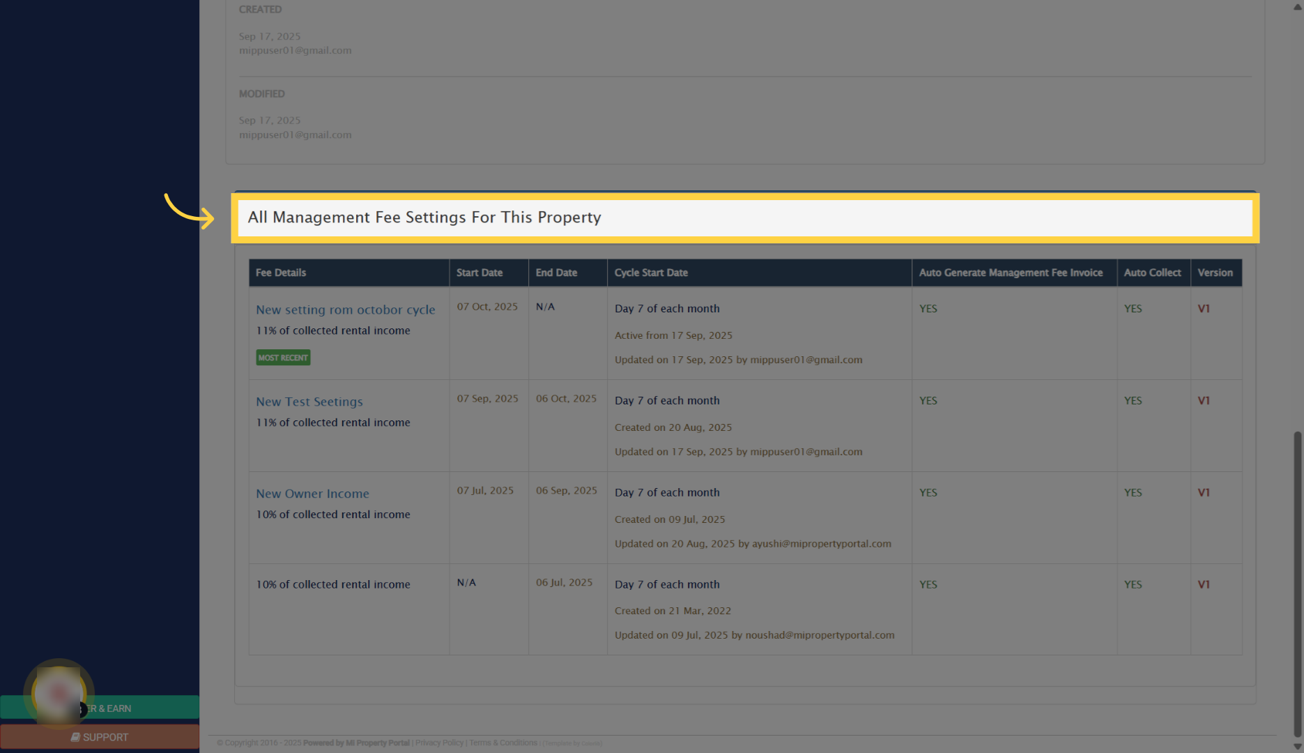 View All Management Fee Settings