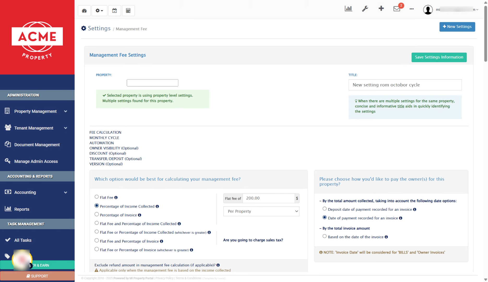 New Settings Created Confirmation