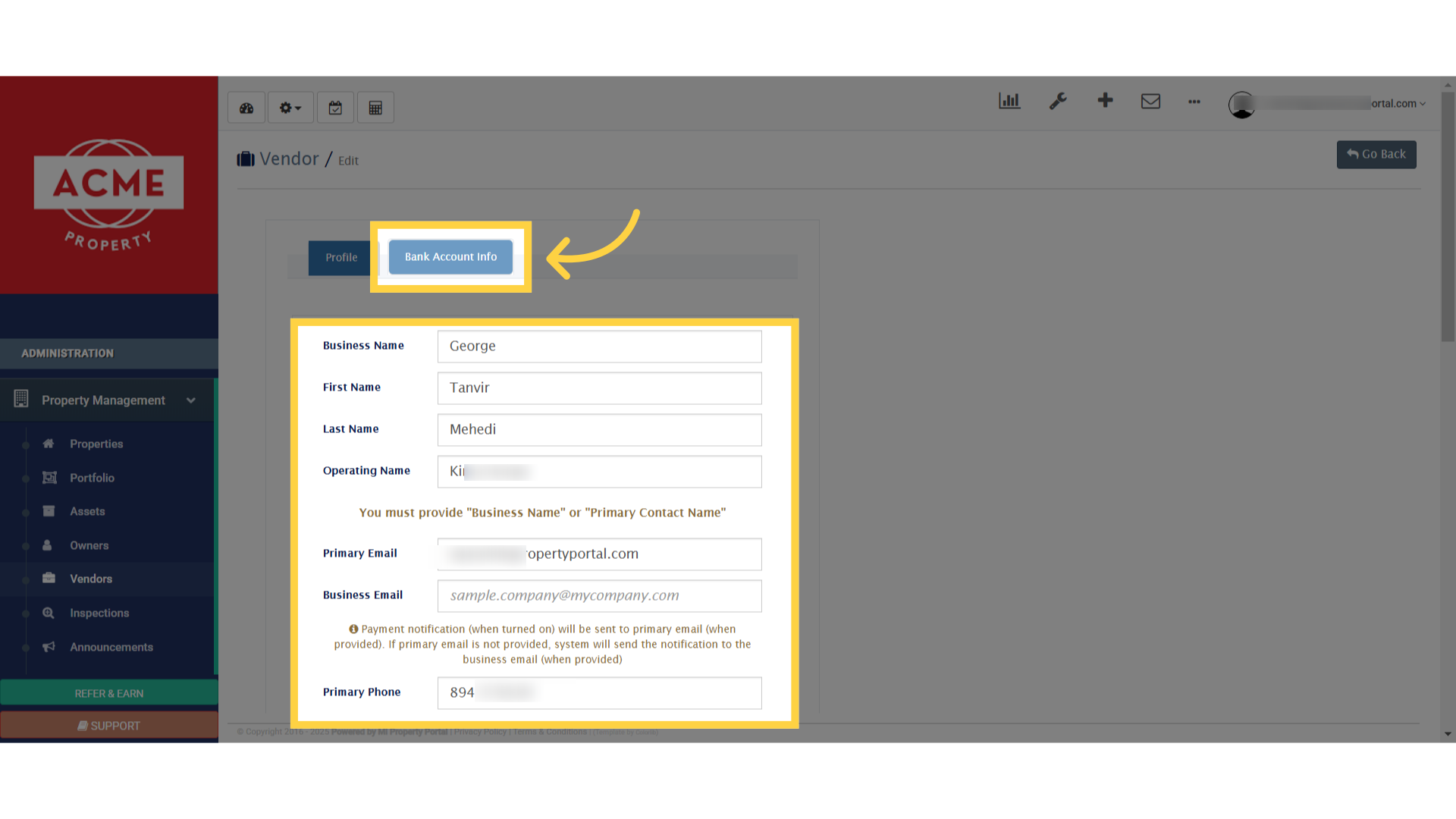 Click 'Bank Account Info'
