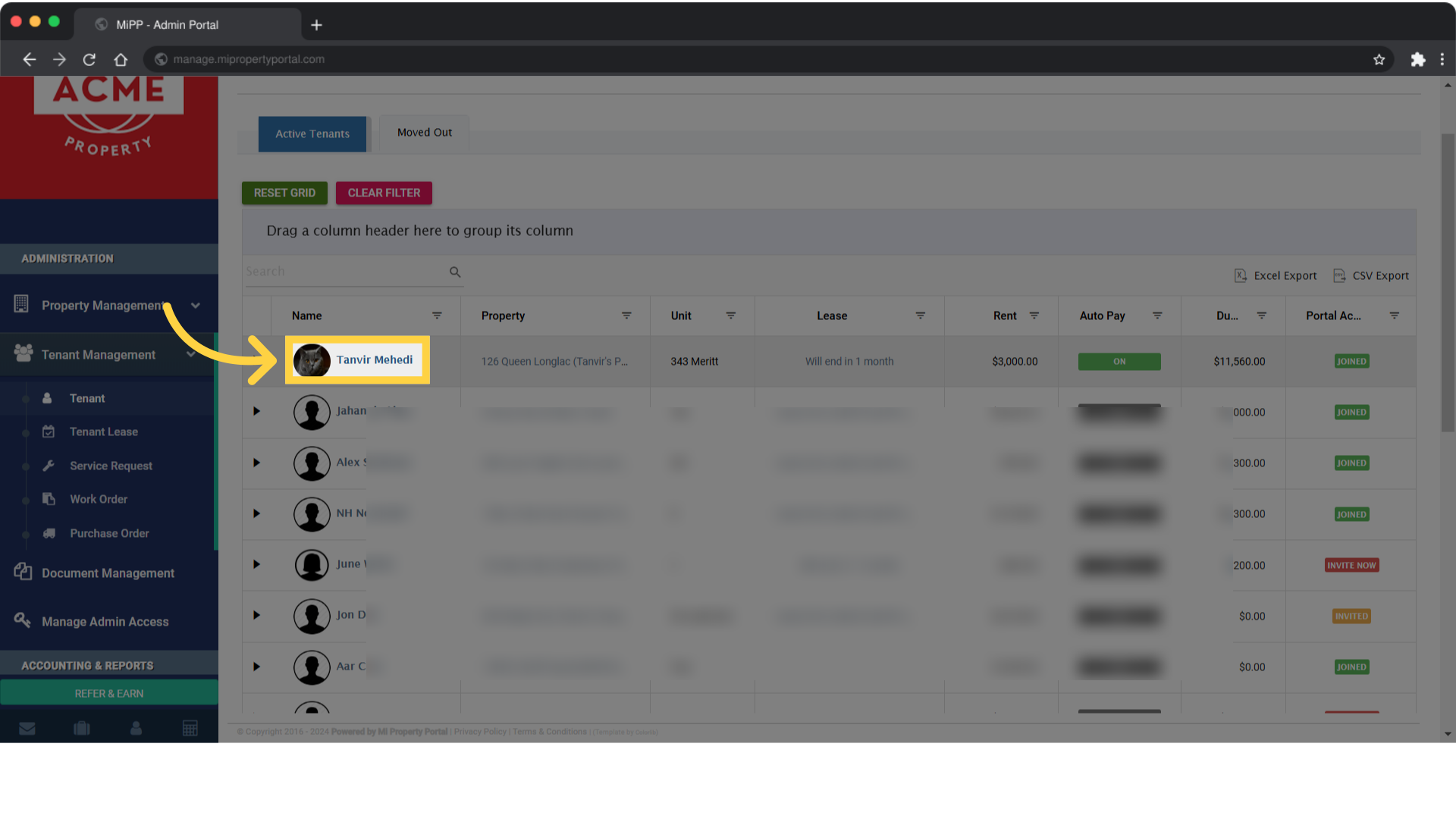 Navigate to the Tenant Details page by clicking on the tenant's name