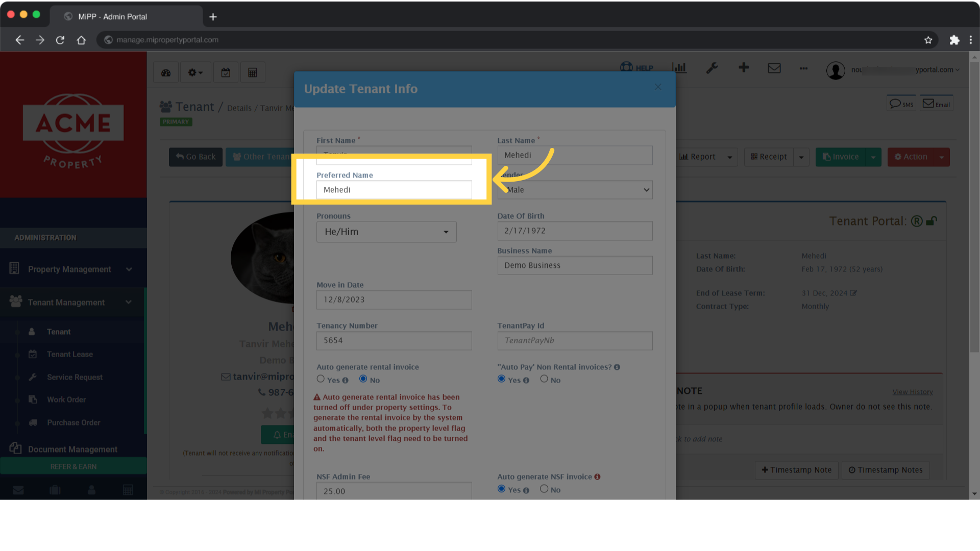 You can put your tenant's preferential name under -Preferred Name field
