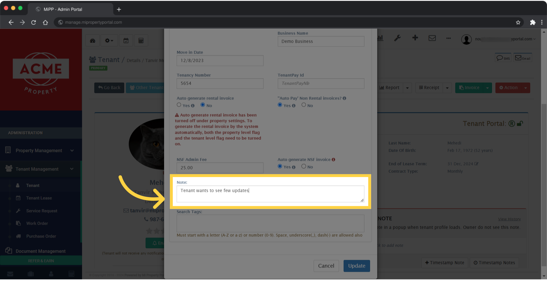 Select Note field to input any comment, observations about the tenant