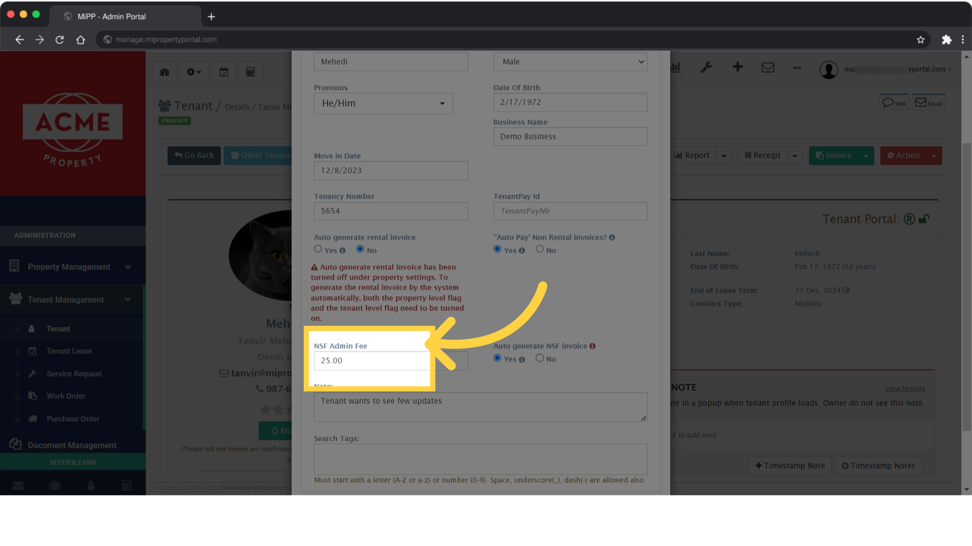 Select NSF Admin Fee to input the amount of the NSF fee