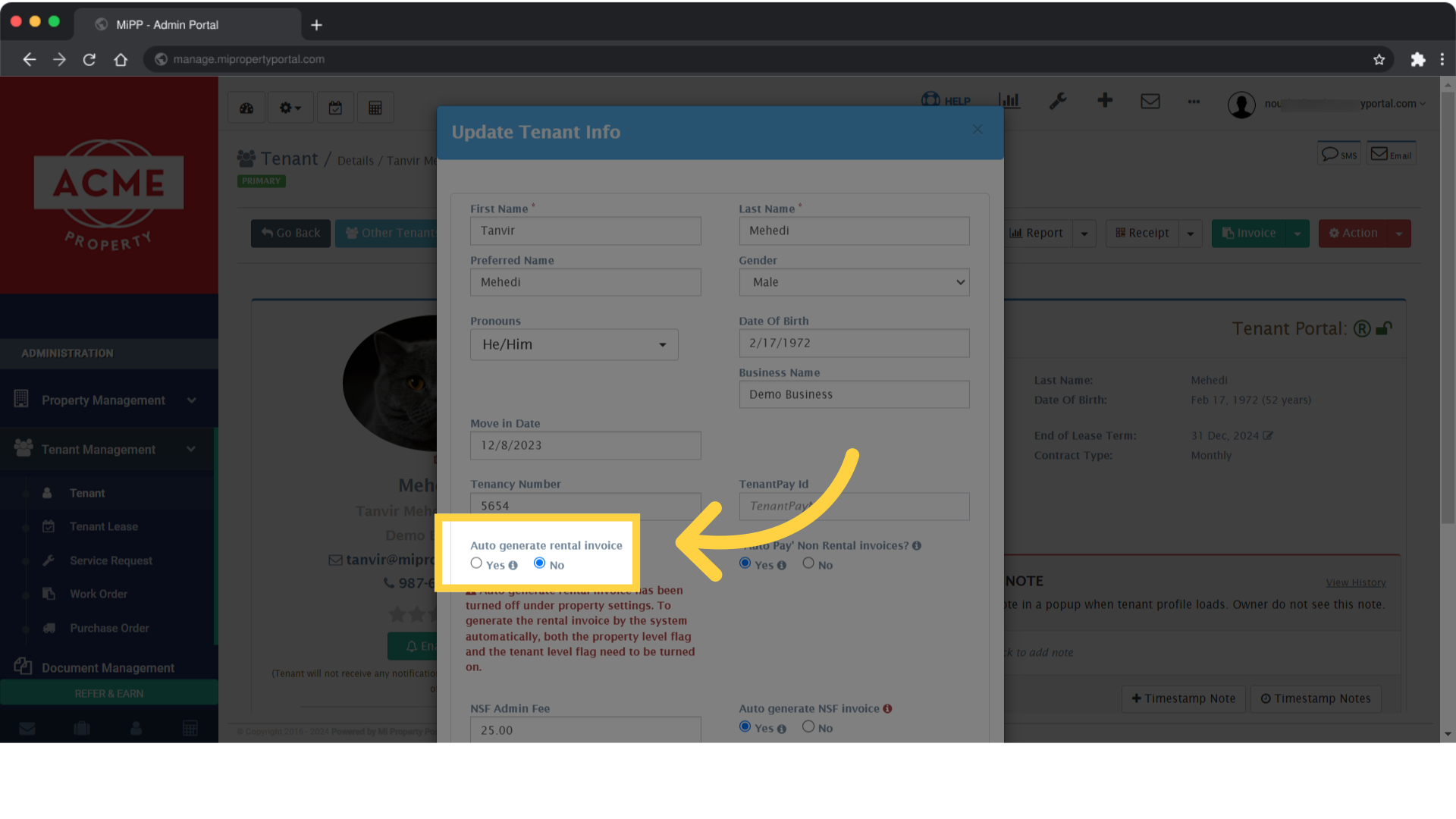 click on the 'Yes' or 'No' option located below the 'Auto-generate rental invoice' feature