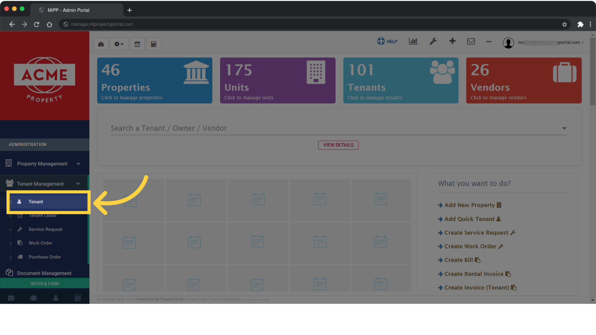 Click on Tenant under Tenant Management dropdown
