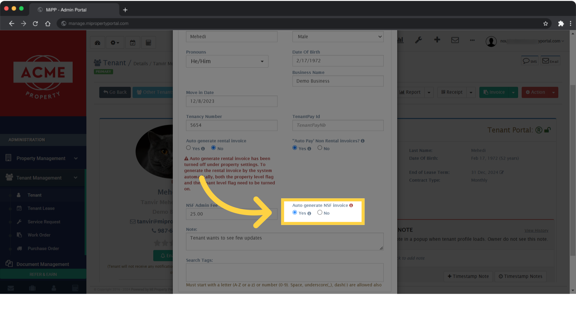 enable or disable automatic NSF invoice generation