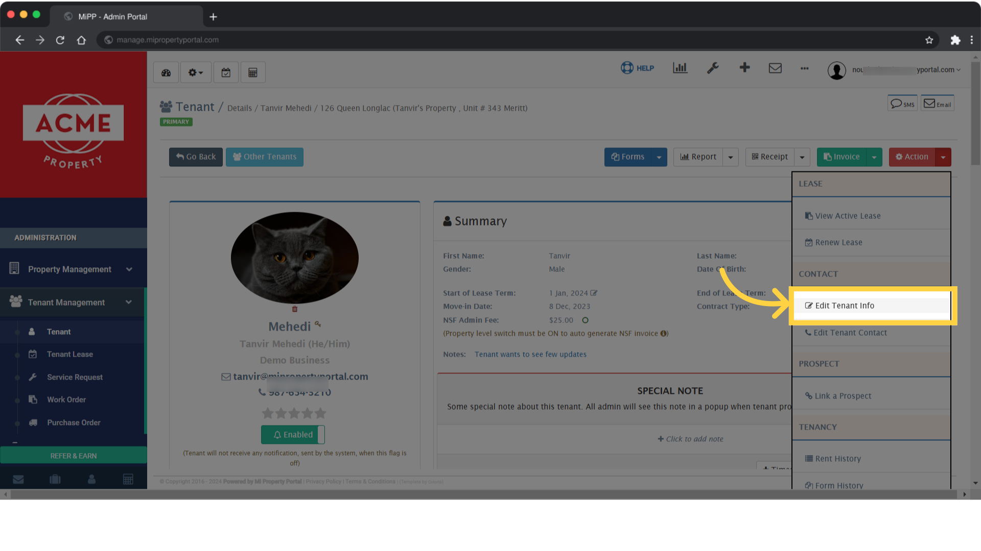 Click 'Edit Tenant Info'