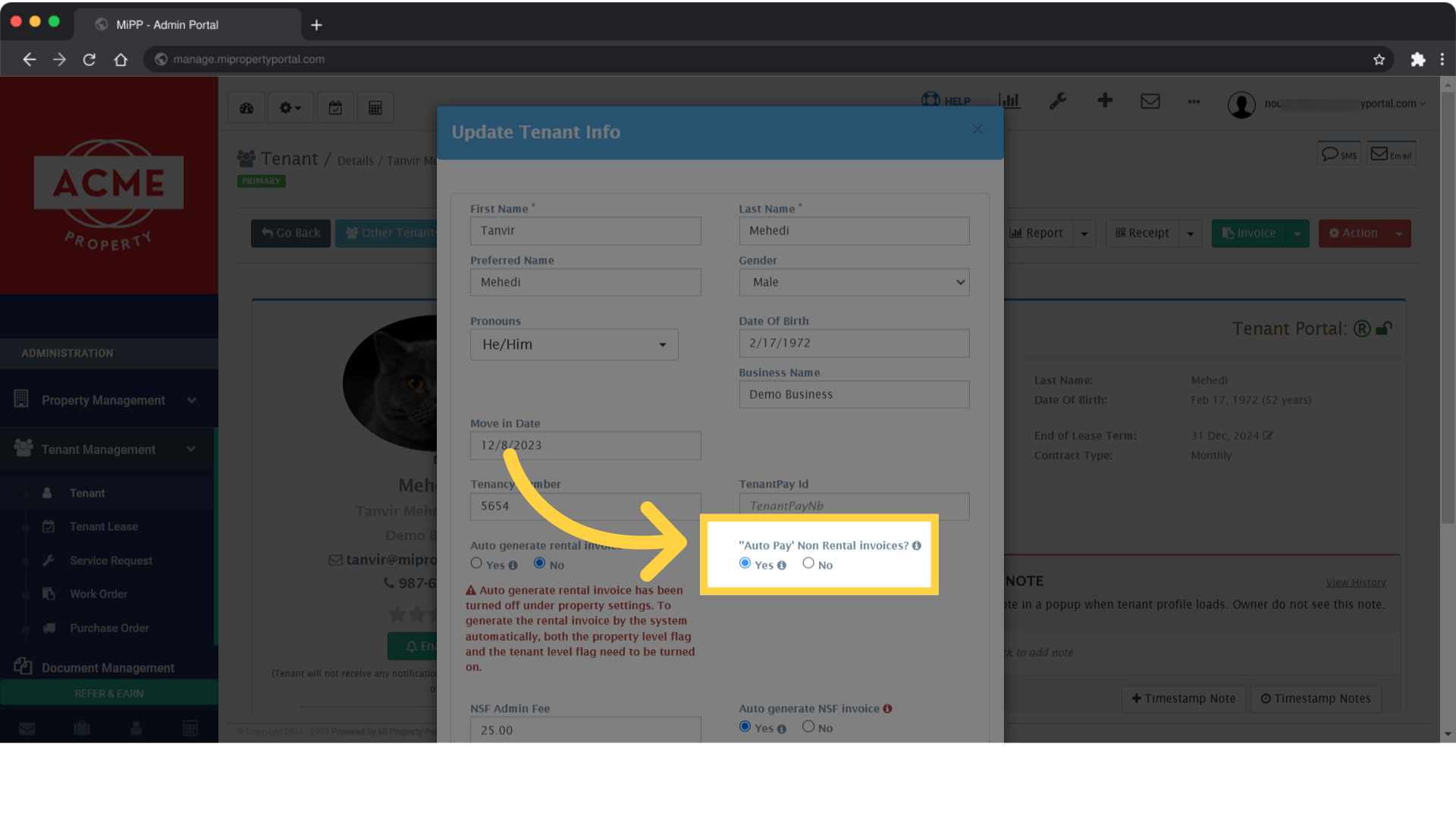 Toggle the Yes or No option under the Auto Pay Non-Rental Invoices