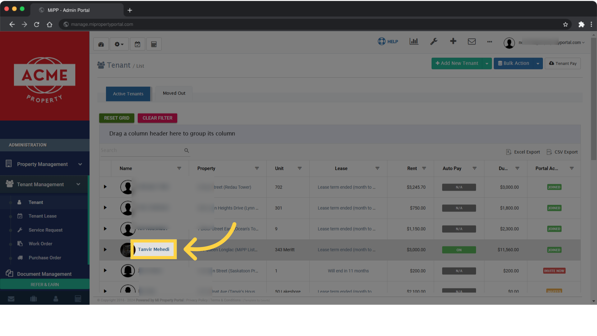 Navigate to the Tenant Details page by clicking on the tenant's name