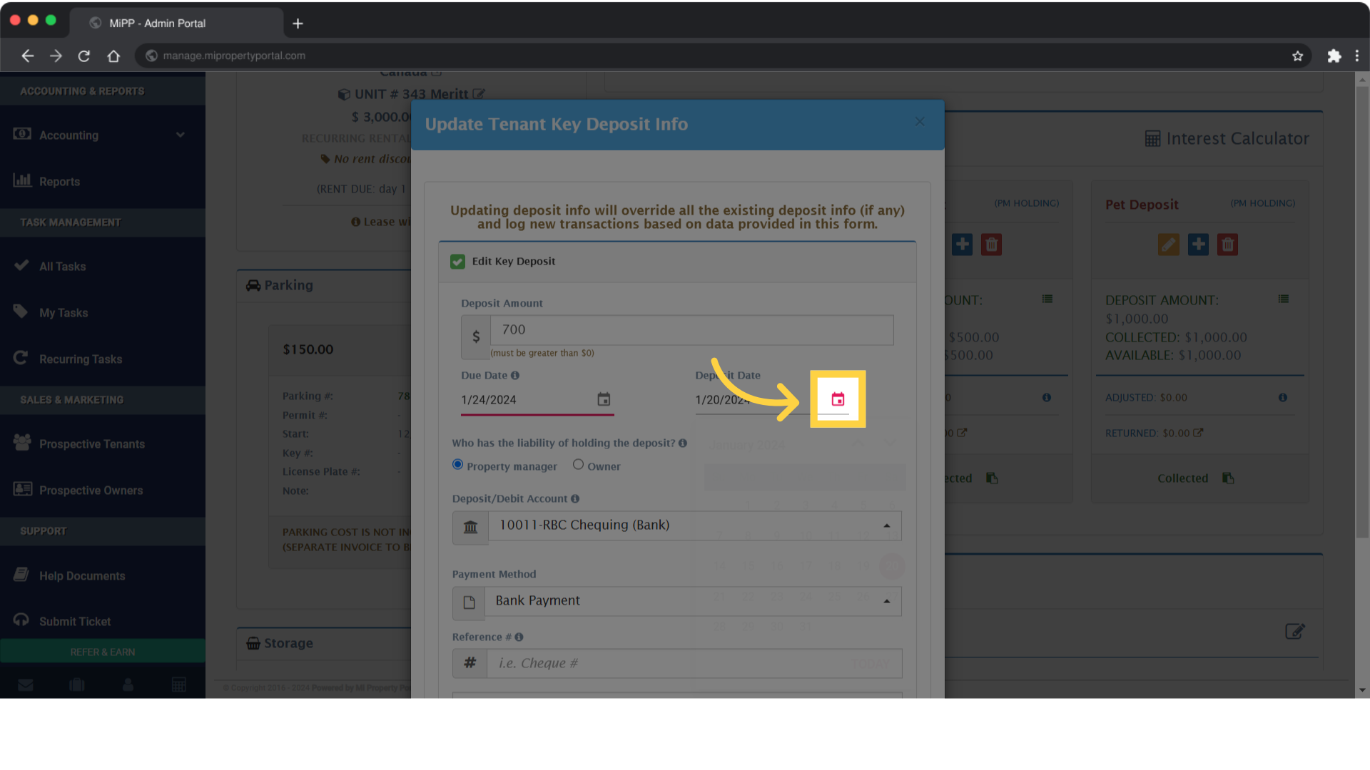 To edit the deposit date, click on the field under 'Deposit Date'