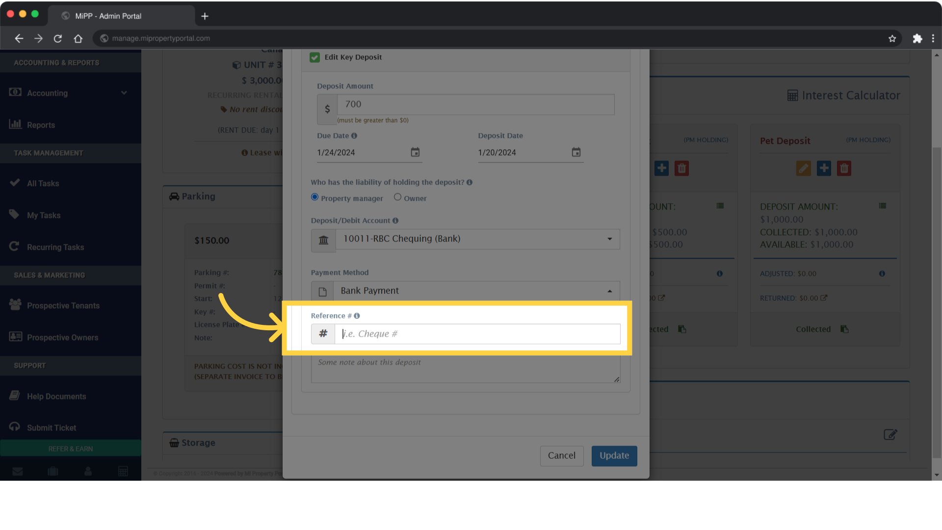 To add a reference, such as a cheque reference, click on the 'Reference' field and enter the relevant information