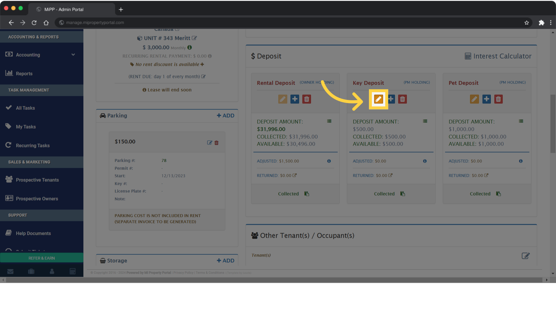In the Deposit section, you'll see the Edit button represented by an orange pencil icon under Key Deposit