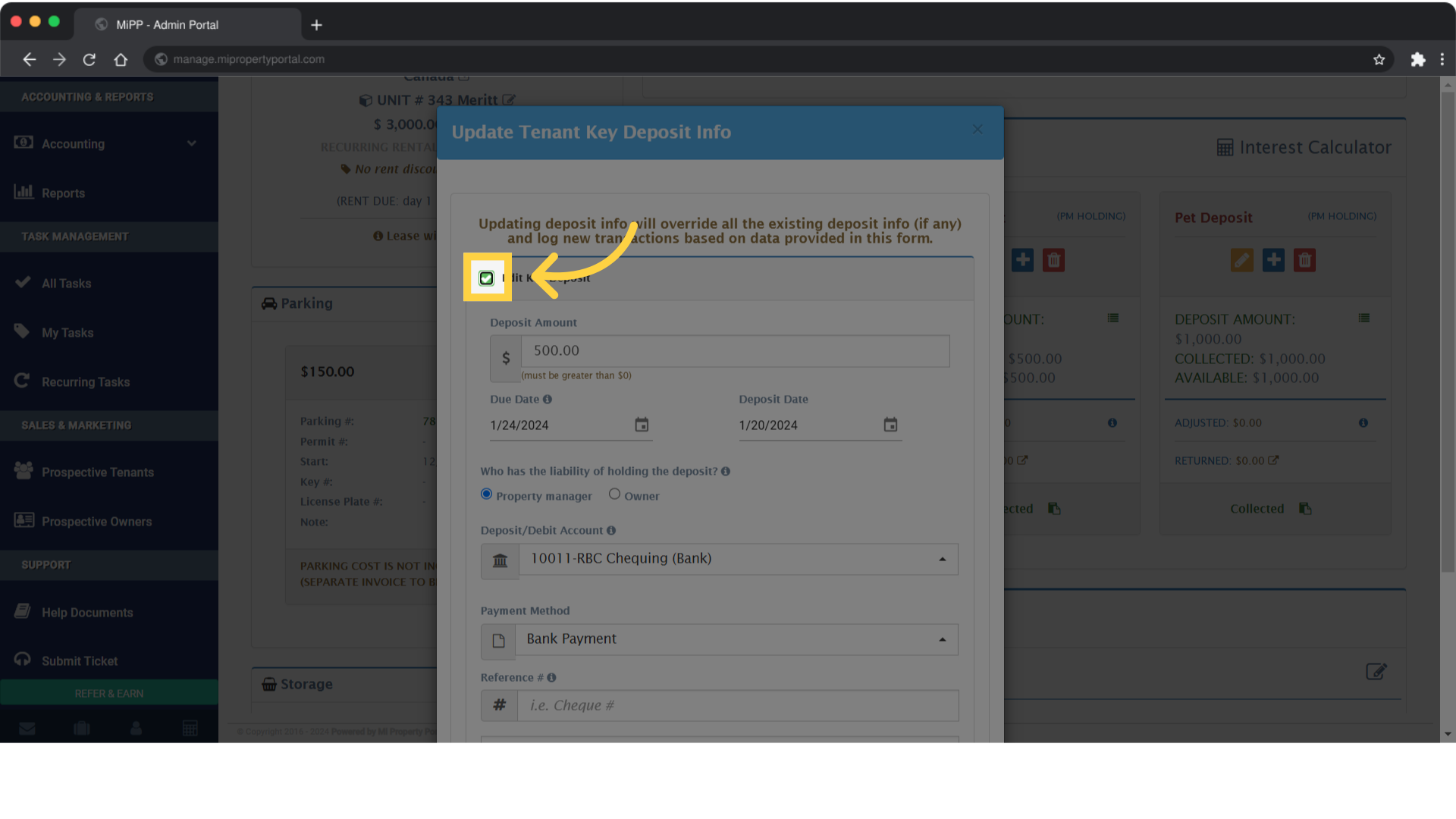Tick the box beside 'Edit Key Deposit'