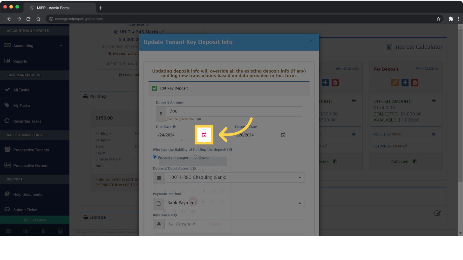 If you wish to edit the due date, click on the field under 'Due Date'