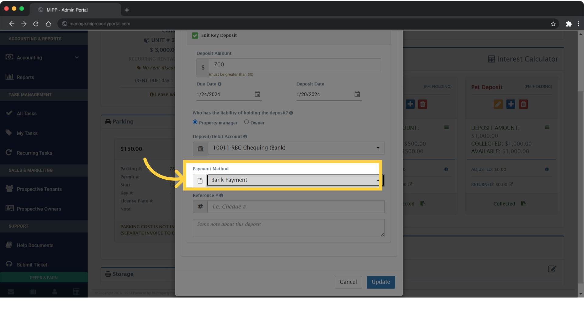 If you wish to edit the payment method click on the dropdown menu under 'Payment Method'