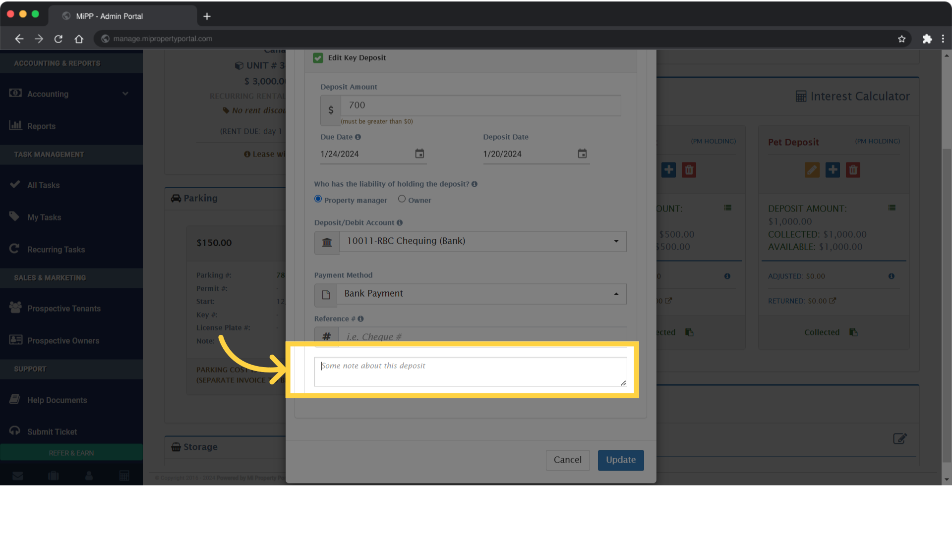 Click the Some note about this deposit field if you got anything to add regarding the deposit