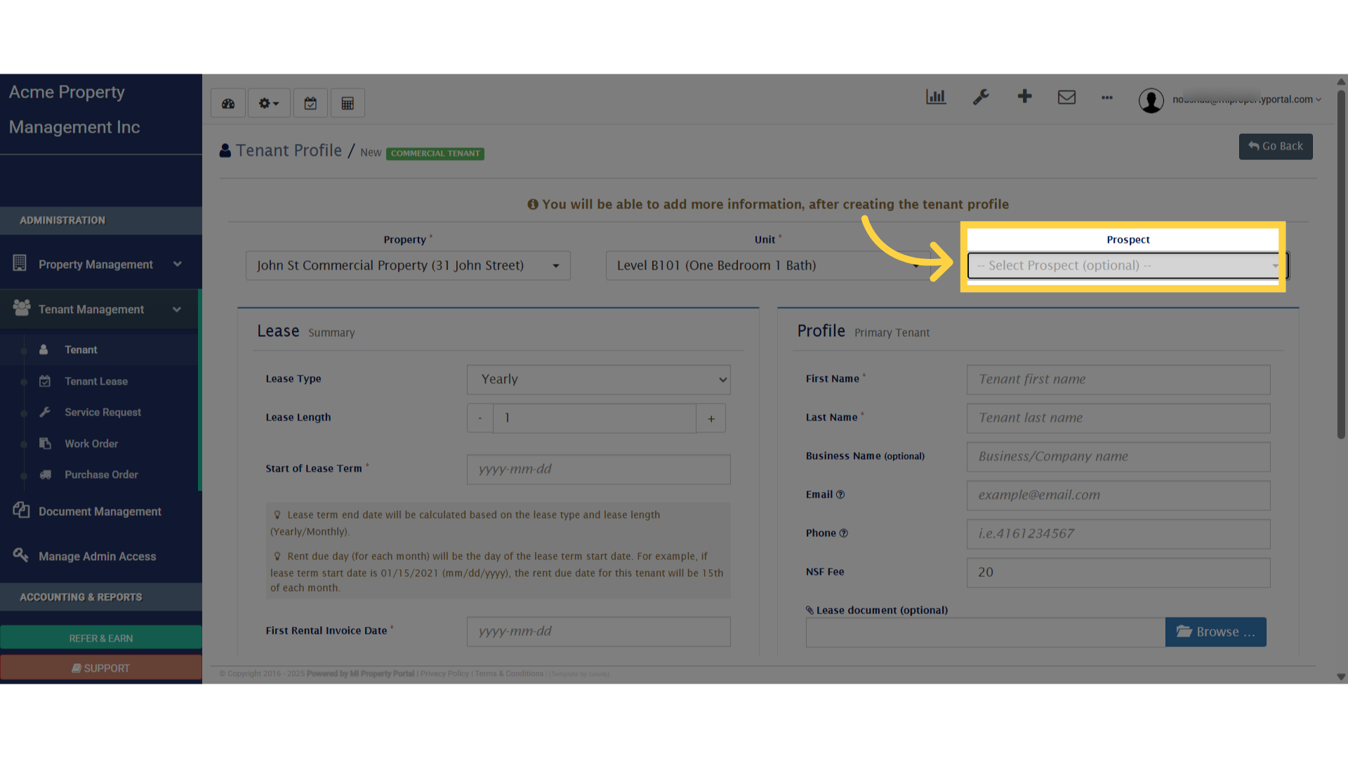 Click '-- Select Prospect (optional) --'
