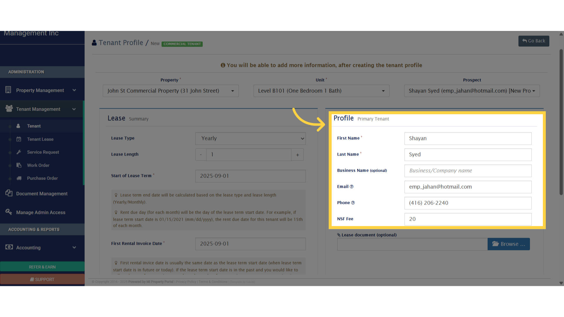 Click 'ProfilePrimary Tenant'