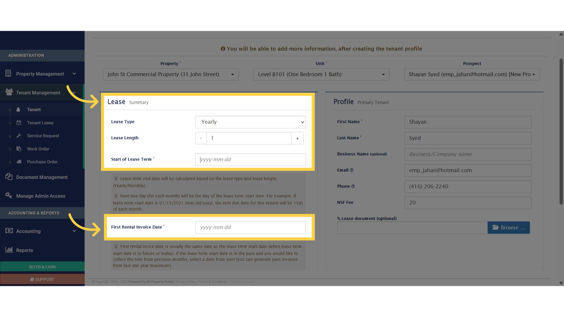 Click 'Start of Lease Term *'