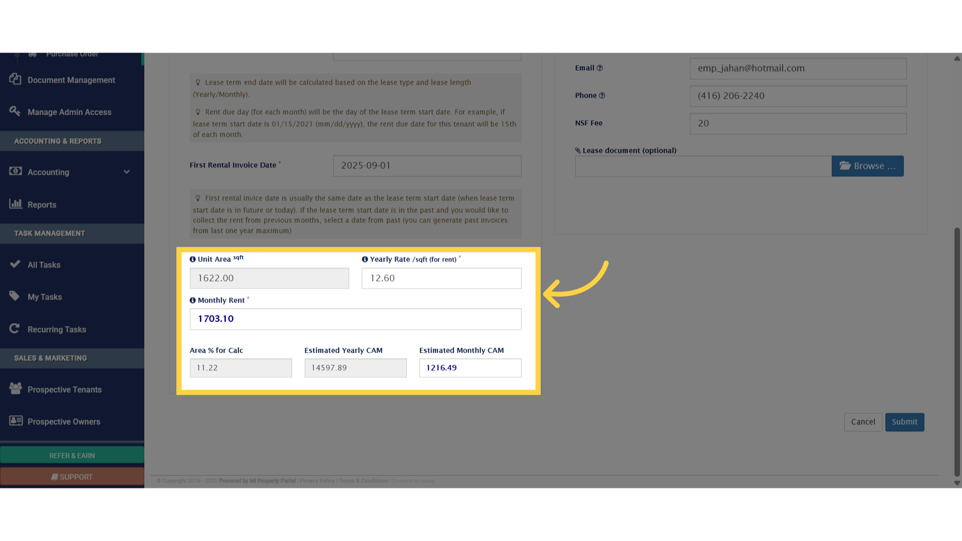 Click 'Unit Area sqft'