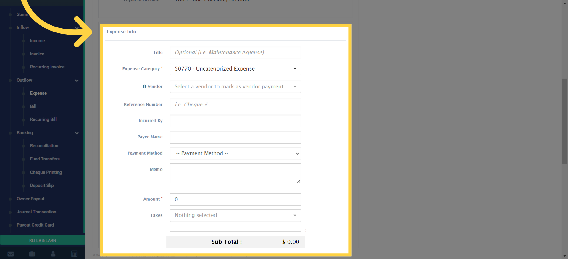 Fill in all necessary details in the 'Expense Info' section.