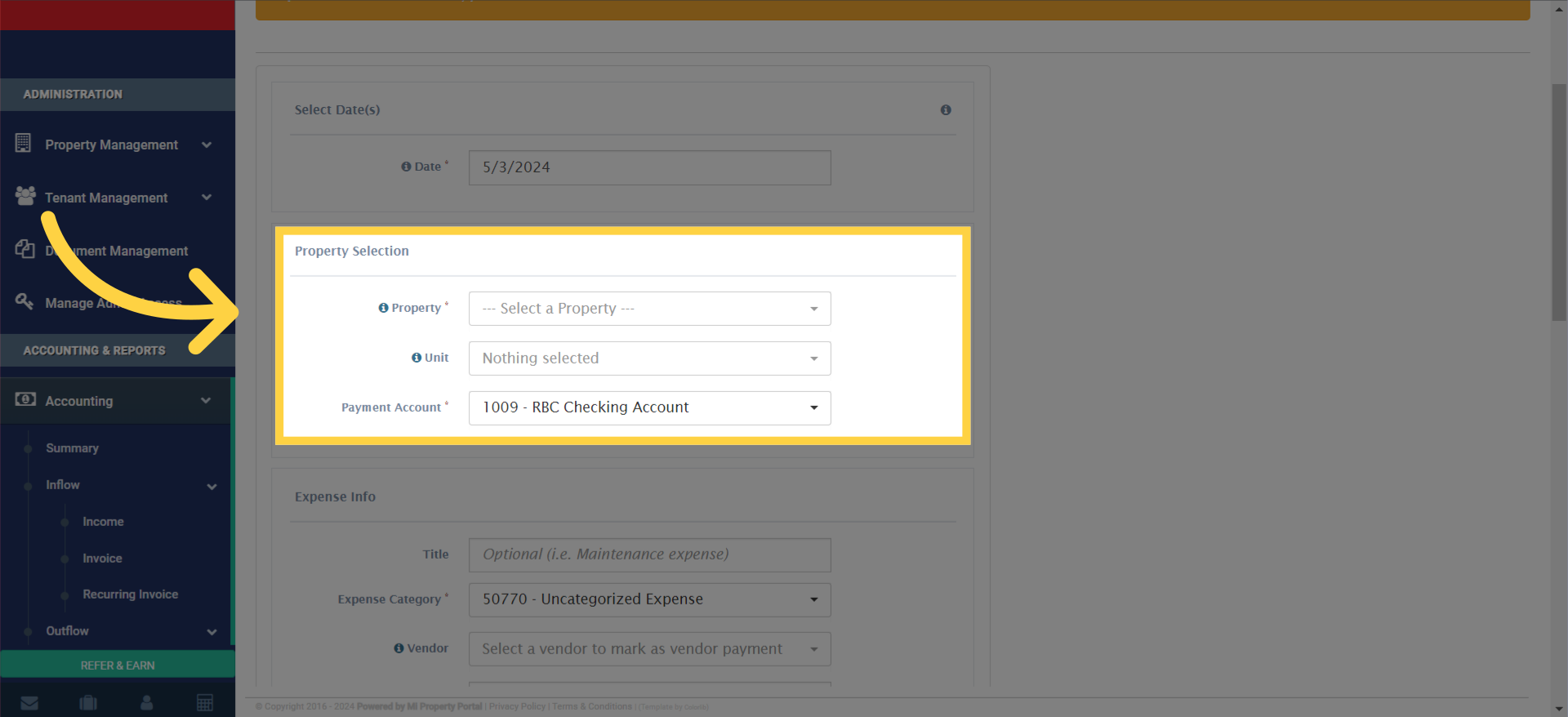 Proceed to select all the required information related to the property by navigating to 'Property Selection.'