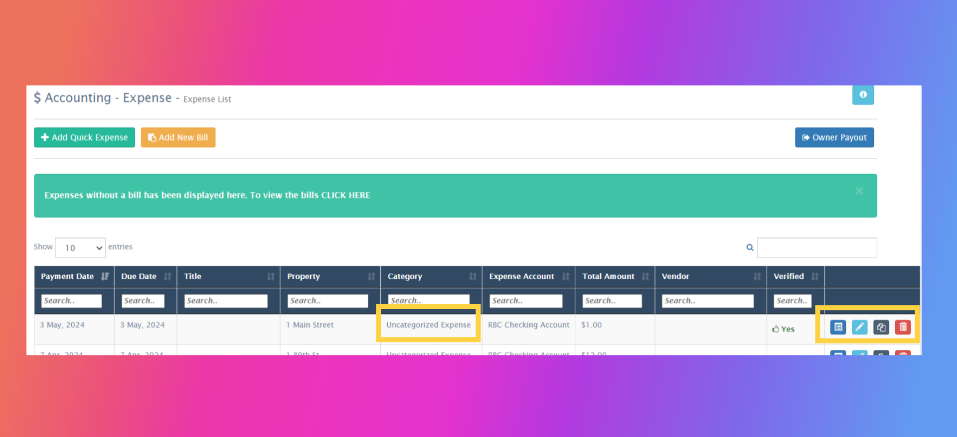 If needed, you can further 'View Details,' 'Edit,' 'Duplicate,' or 'Delete' the expense entry by using the respective icons provided.