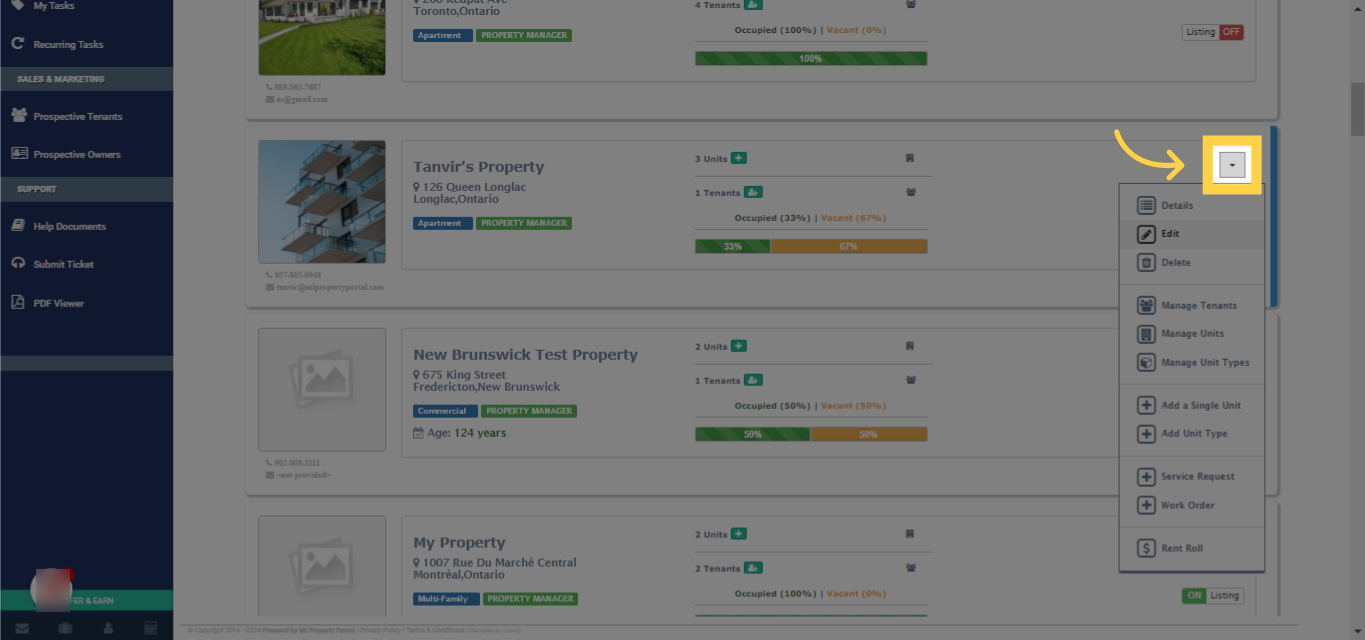 Next to the property details on the display, click on the dropdown menu.