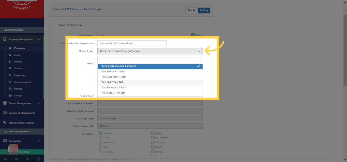 Change the type by selecting the new unit type from the list