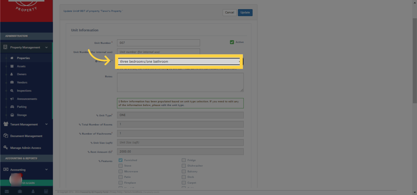 In the editing menu, click on the dropdown menu labeled 'Unit Type.'