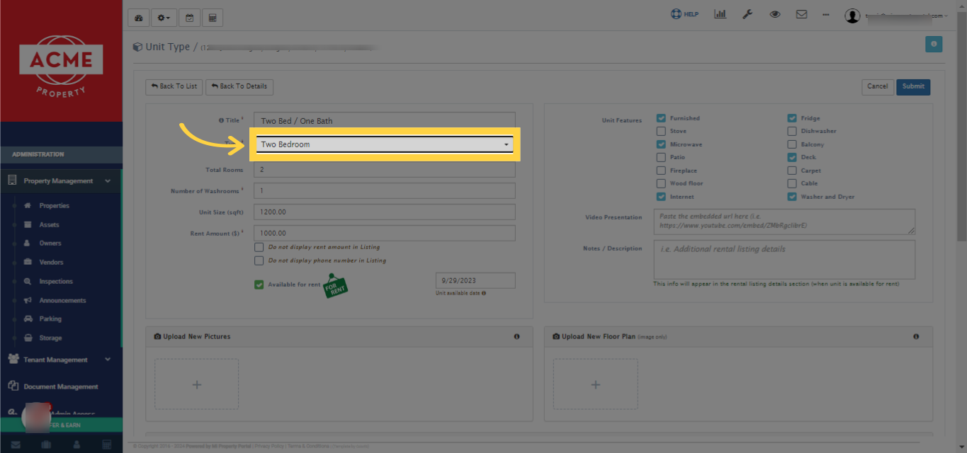 Click on the dropdown menu under 'Type' to view or modify if necessary