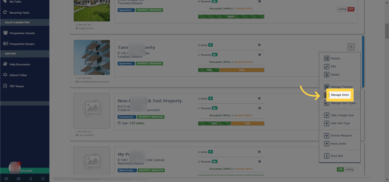 From the dropdown options, select 'Manage Units' to proceed to the units management section