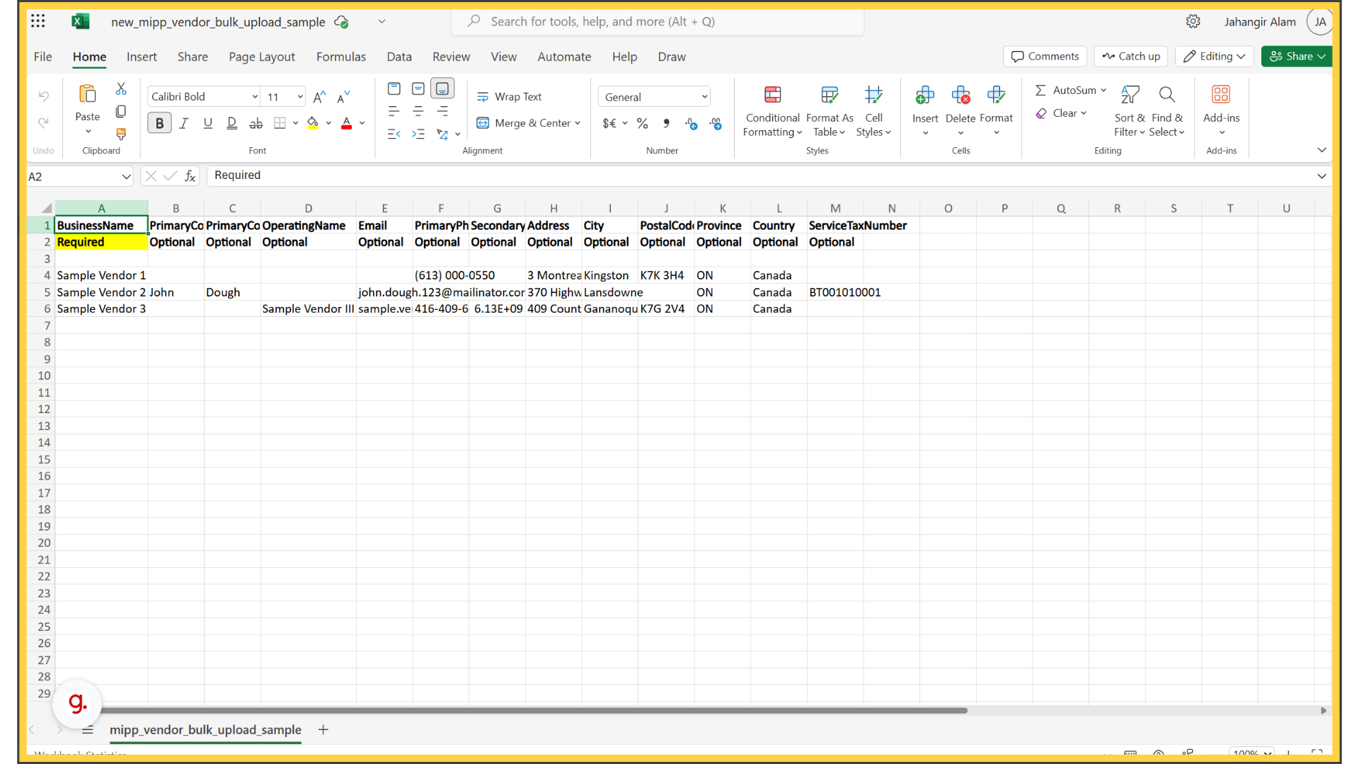Even though optional, enter all available data in the remaining columns if it is available